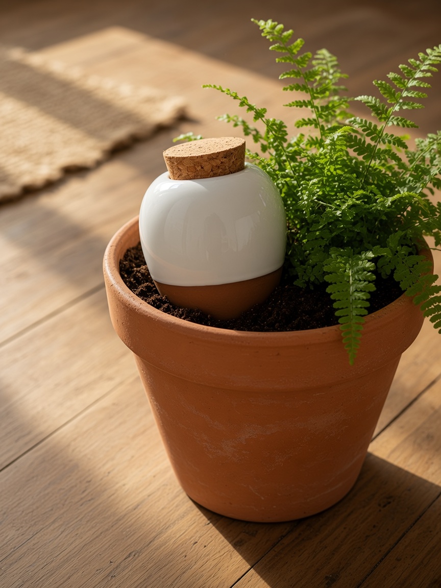 Oya col blanc enterrée dans un pot, à côté d'une plante d'intérieur